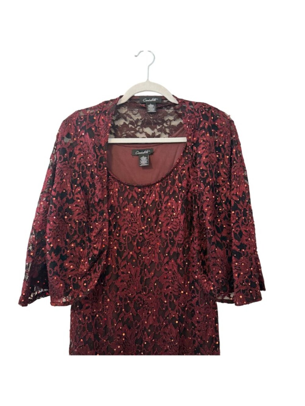 Candalite Burgundy Lace Formal Gown Sequins/ Matching Bolero Jacket Size L Set - Picture 7 of 12
